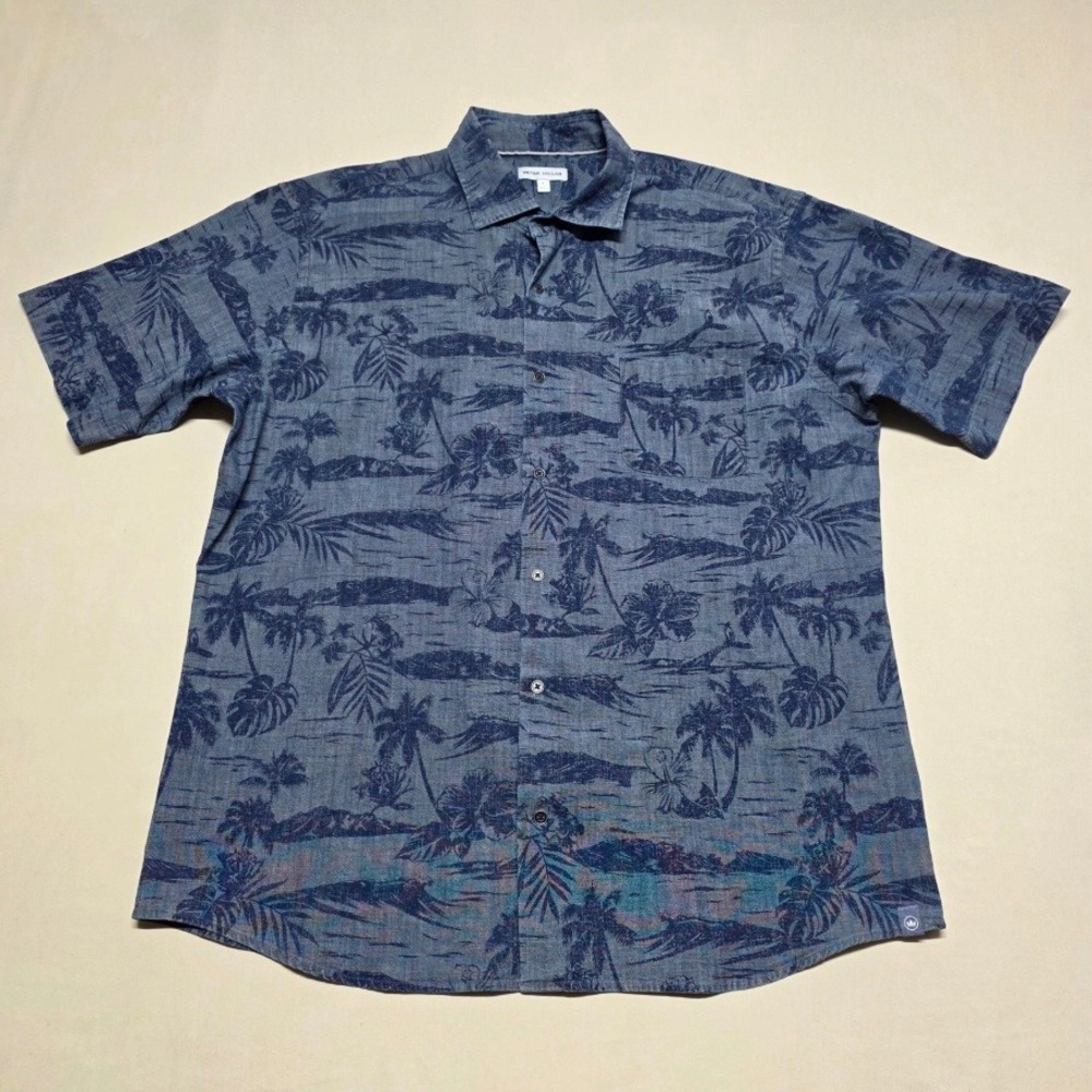 Peter Millar Men Large Blue Tropical Palm Tree Print Short Sleeve Button Shirt